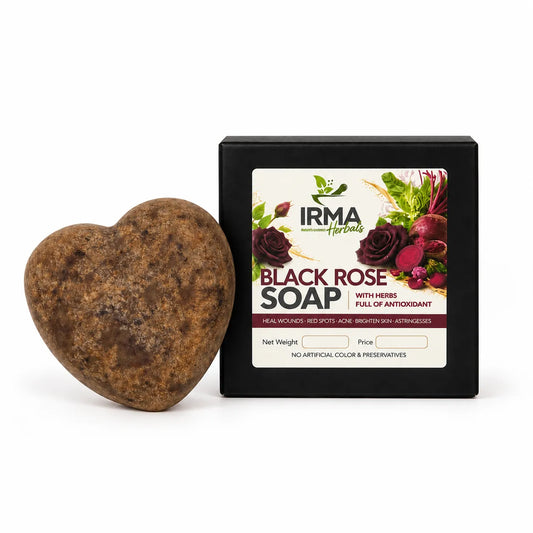 Black Rose Soap with heart-shaped herbal soap bar and product box