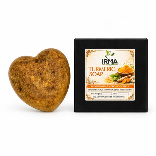 IRMA Herbals Turmeric Soap with heart-shaped herbal soap bar and black packaging