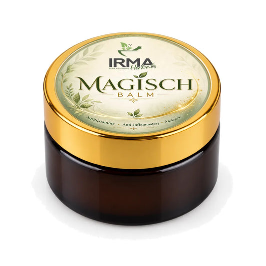 IRMA Herbals Magisch Balm in amber jar with gold lid