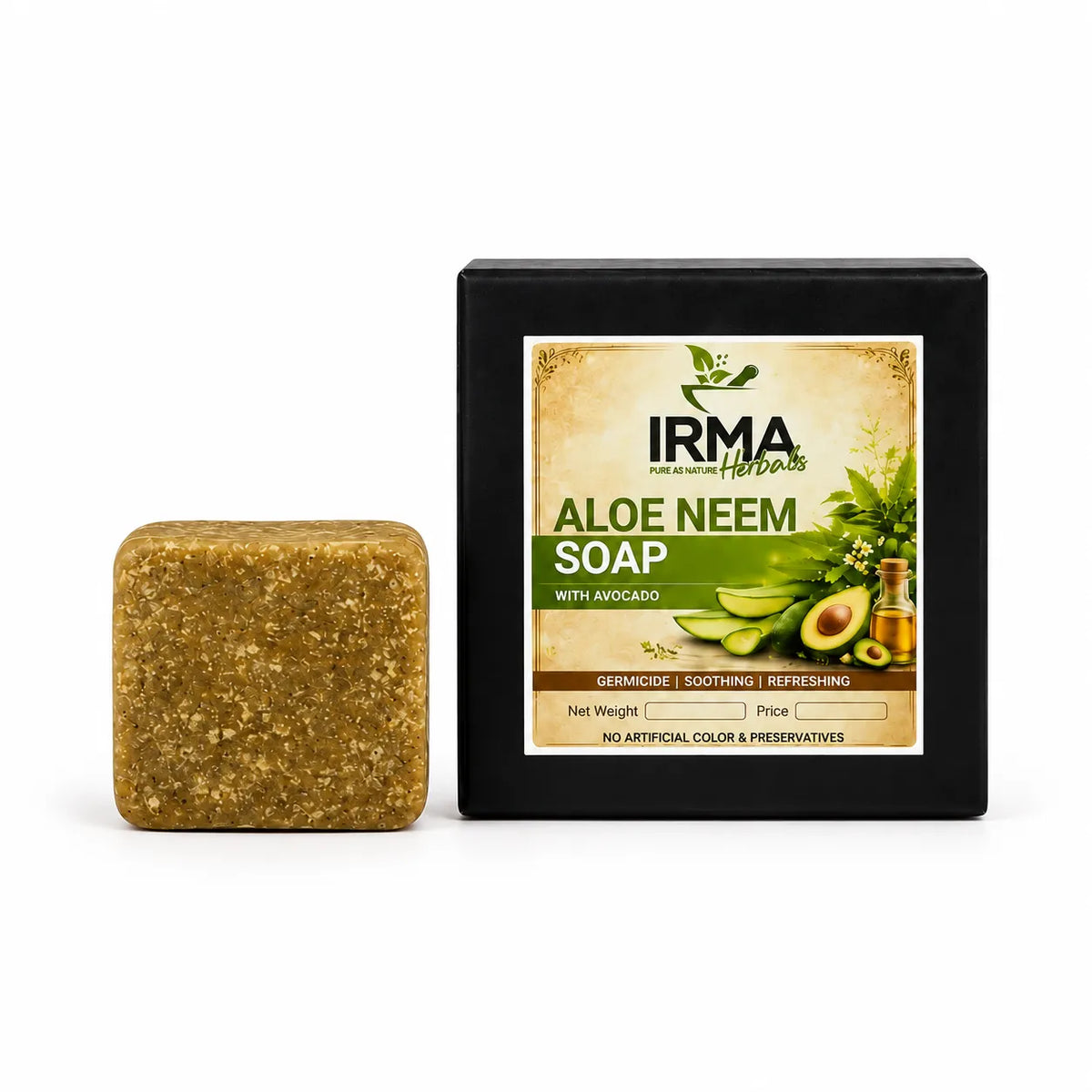 Aloe Neem Soap with heart-shaped herbal soap bar and product packaging