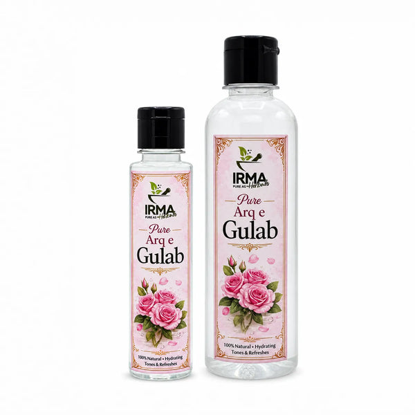 Two bottles of IRMA Organics Pure Argan e Gulab (pure almond and rose) toner and moisturizer, shown in a smaller bottle and a larger bottle on a white background.