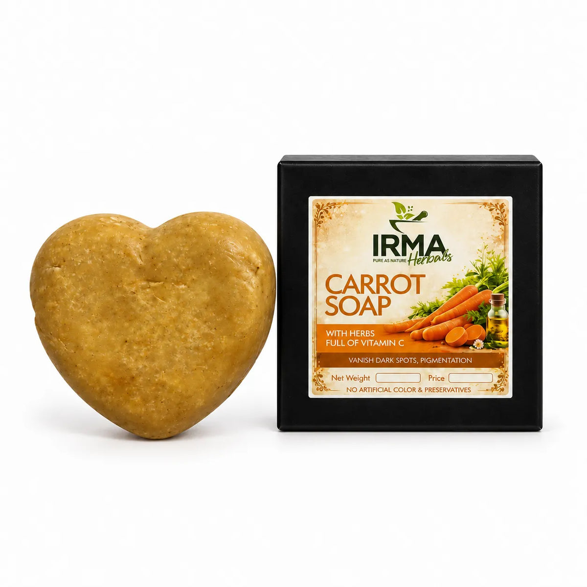 IRMA Herbals Carrot Soap with heart-shaped and square herbal soap bars