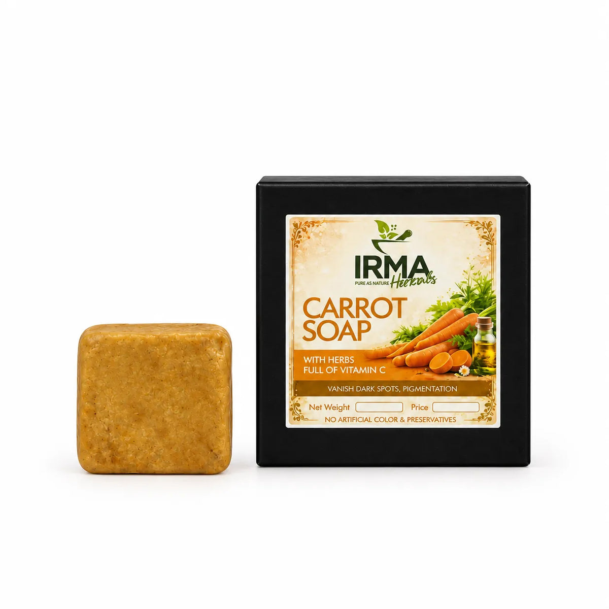 A bar of Irma Freezings Carrot Soap soap bar shown next to its black retail packaging box on a clean white background.