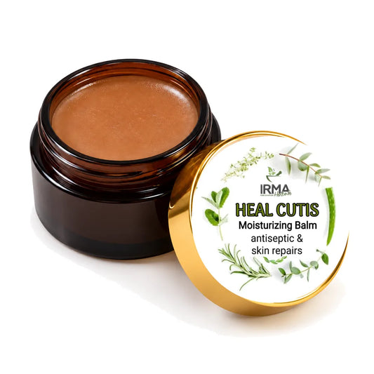 IRMA Herbals Heal Cutis moisturizing balm in amber jar with gold lid