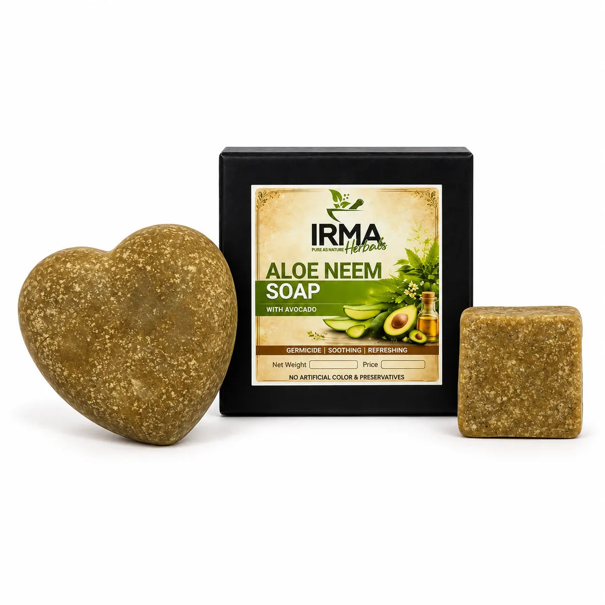 IRMA Herbals Aloe Neem Soap with square herbal soap bar and product box