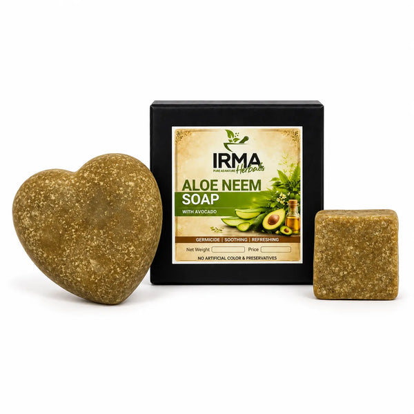 IRMA Herbals Aloe Neem Soap with square herbal soap bar and product box