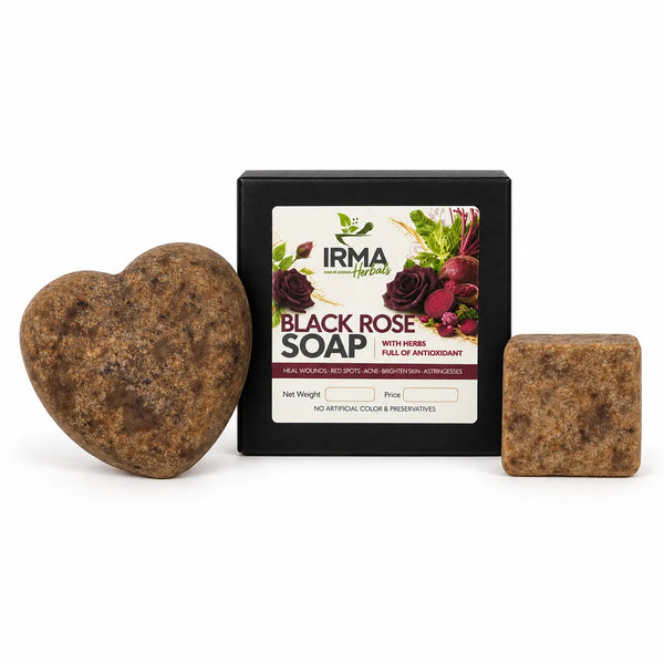 IRMA Herbals Black Rose Soap with heart-shaped and square soap bars