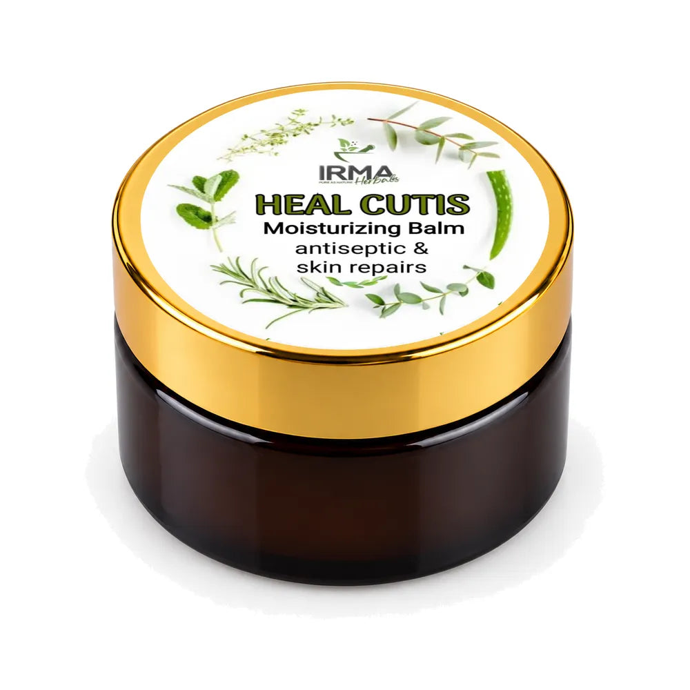 Heal Cutis moisturizing balm in open amber jar with product lid