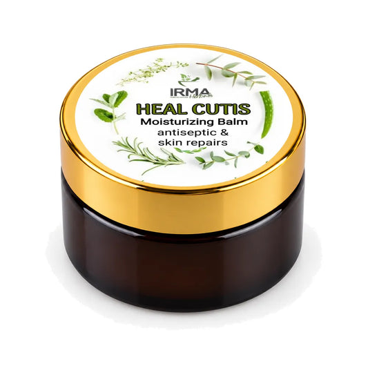 Heal Cutis moisturizing balm in open amber jar with product lid